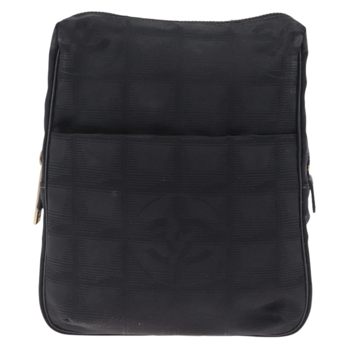 CHANEL New Travel Line Shoulder Bag Canvas Black Gold CC Auth 216176