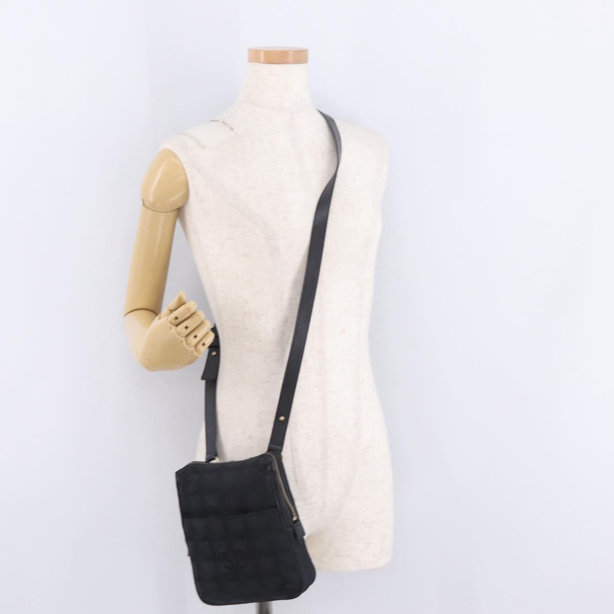 CHANEL New Travel Line Shoulder Bag Canvas Black Gold CC Auth 216176