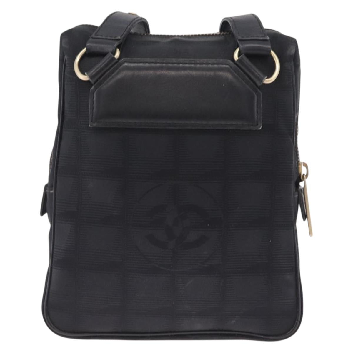 CHANEL New Travel Line Shoulder Bag Canvas Black Gold CC Auth 216176