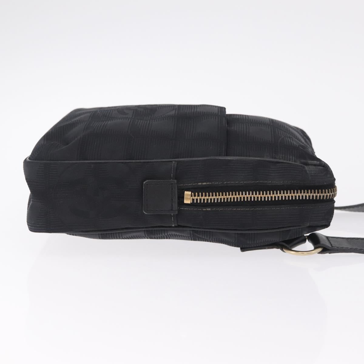 CHANEL New Travel Line Shoulder Bag Canvas Black Gold CC Auth 216176