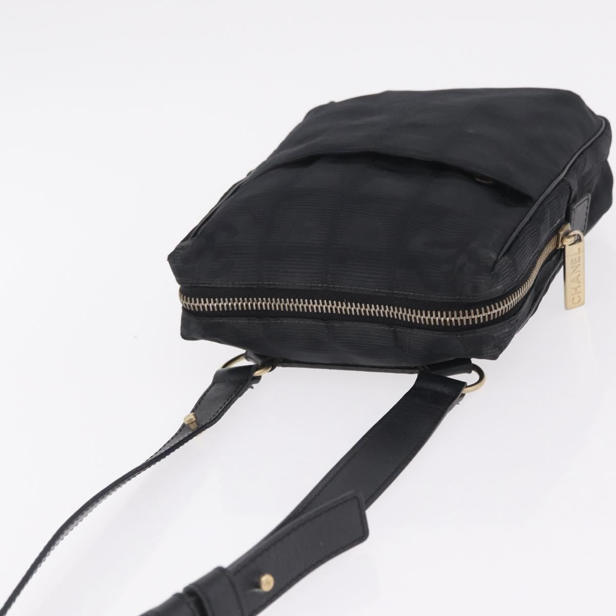 CHANEL New Travel Line Shoulder Bag Canvas Black Gold CC Auth 216176