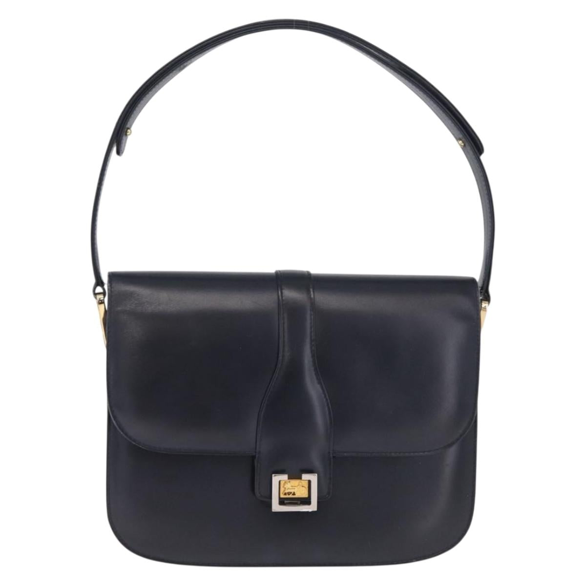 CELINE Shoulder Bag Leather Navy Gold Auth 216179