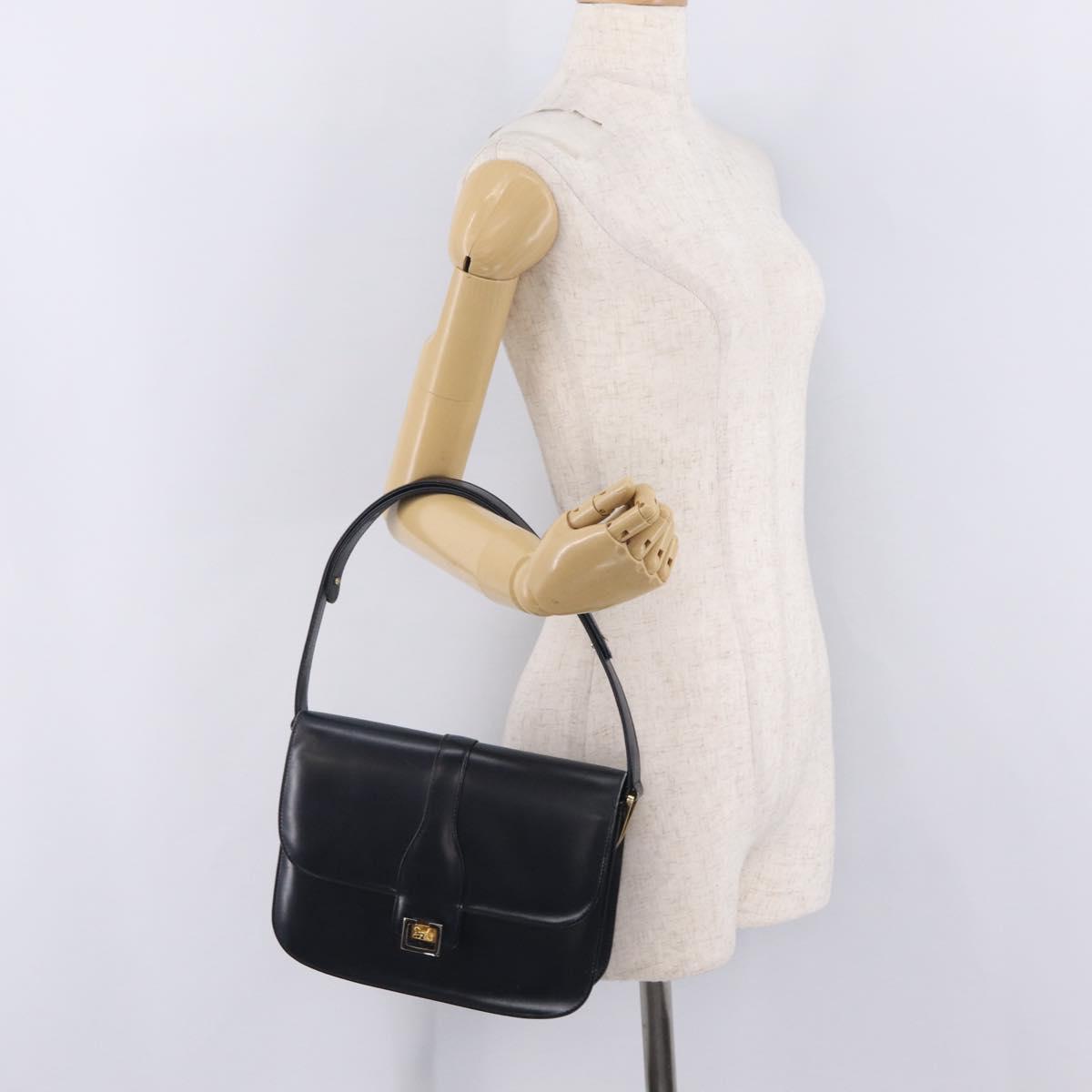 CELINE Shoulder Bag Leather Navy Gold Auth 216179