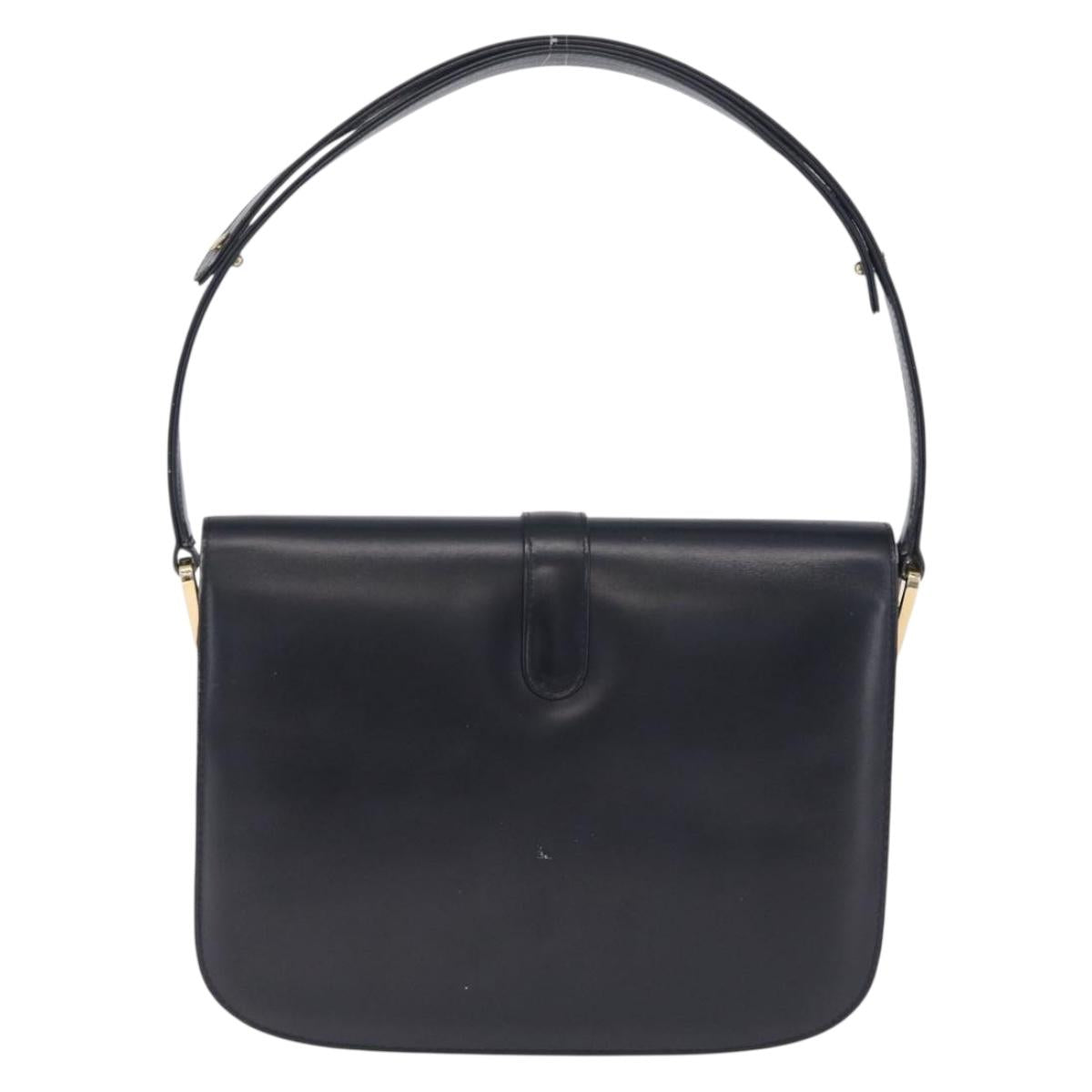 CELINE Shoulder Bag Leather Navy Gold Auth 216179
