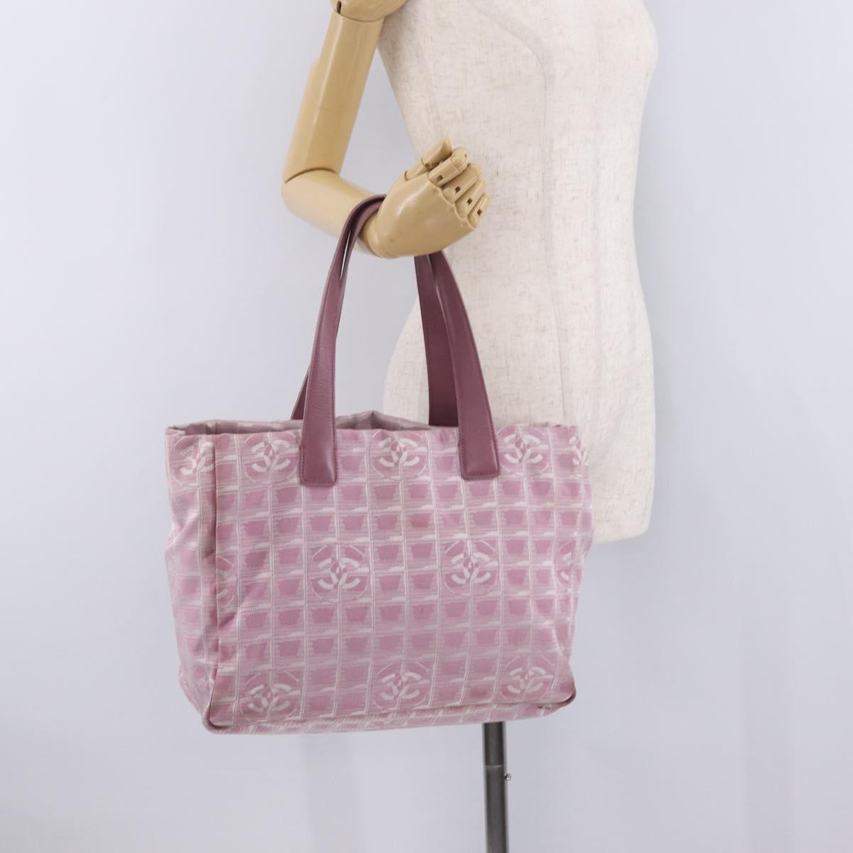 CHANEL New Travel Line Tote Bag Nylon Pink Silver CC Auth 216244
