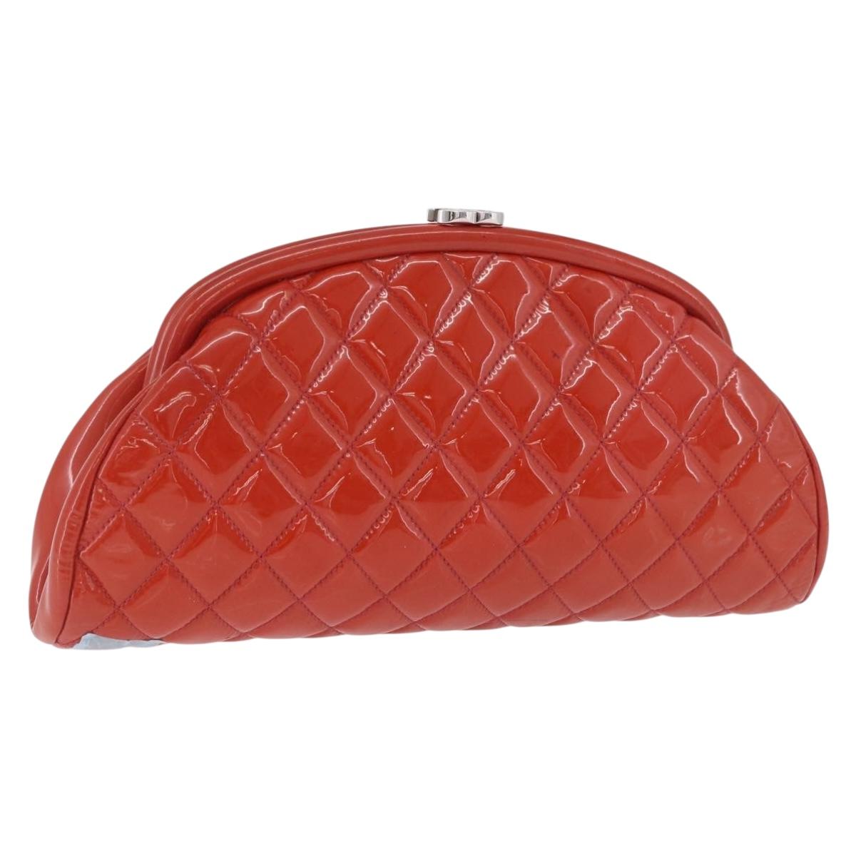 CHANEL Matelasse Clutch Bag Patent leather Orange Silver CC Auth 216262