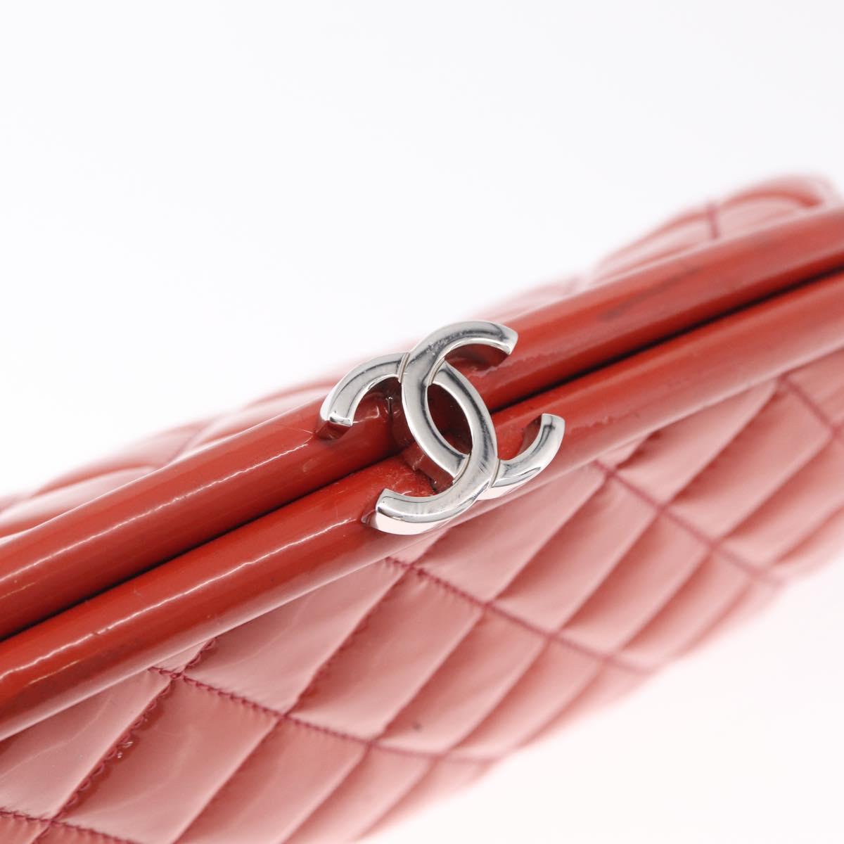 CHANEL Matelasse Clutch Bag Patent leather Orange Silver CC Auth 216262