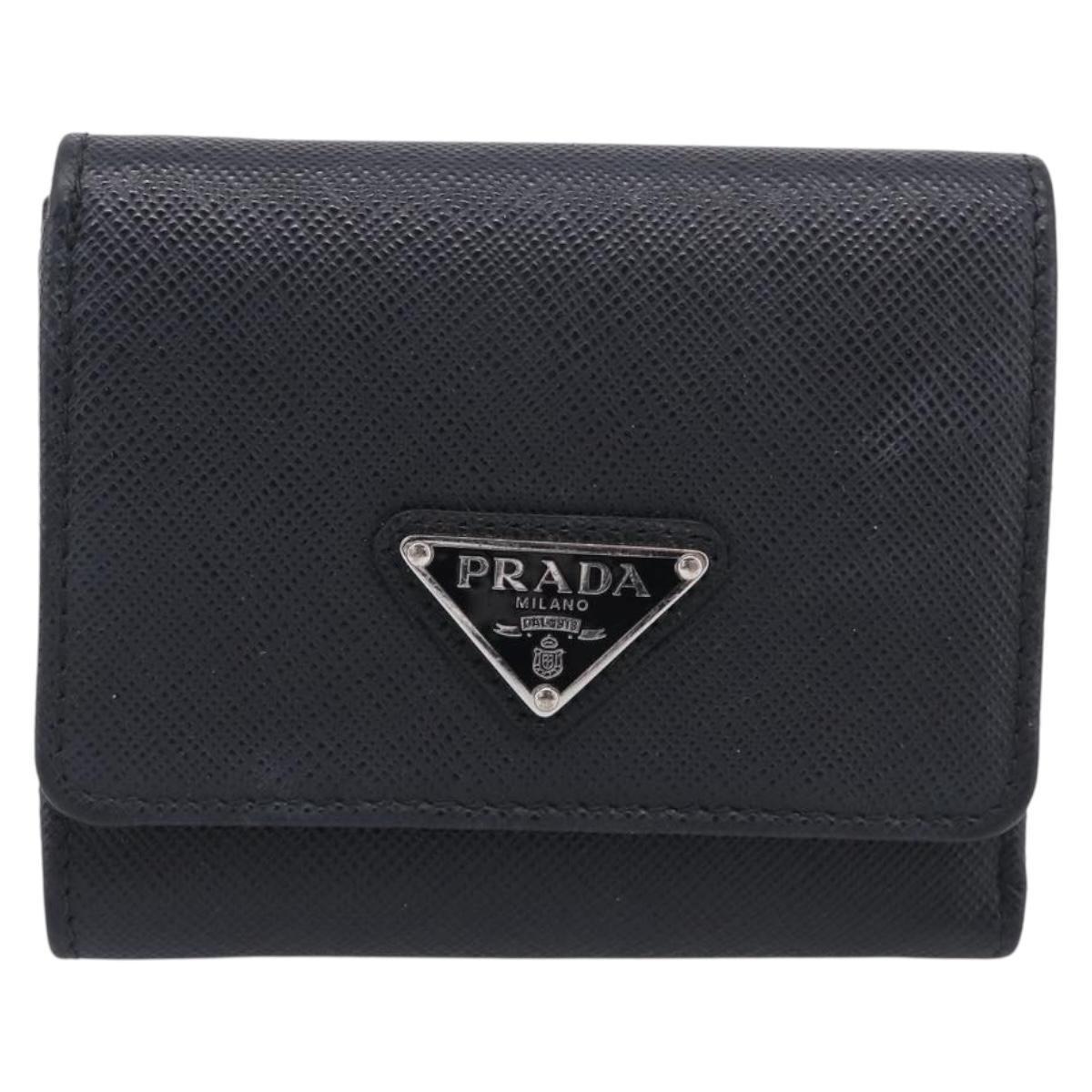 PRADA Trifold Wallet Saffiano leather Black Silver Auth 216267M