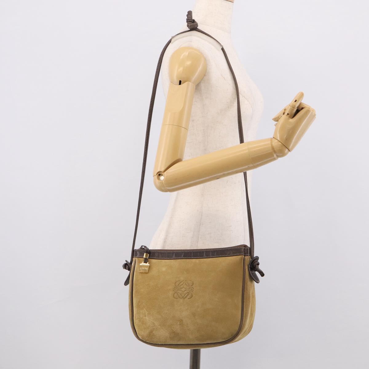 LOEWE Shoulder Bag Suede Beige Gold Auth 216298A