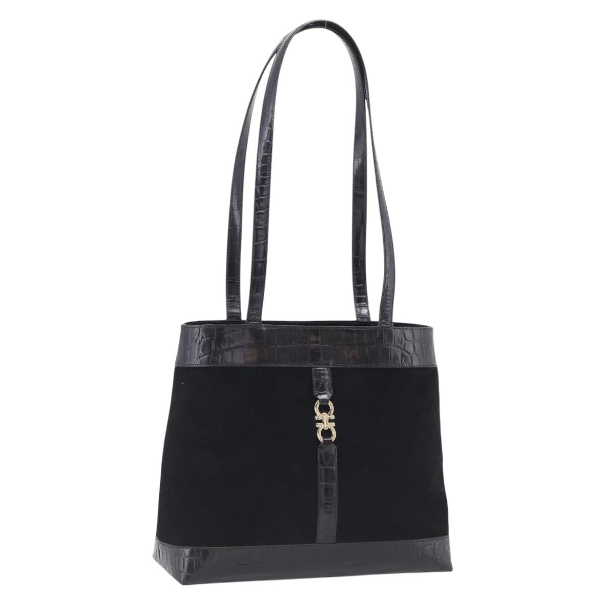 Salvatore Ferragamo Gancini Tote Bag Suede Leather Black Gold Auth 216305A