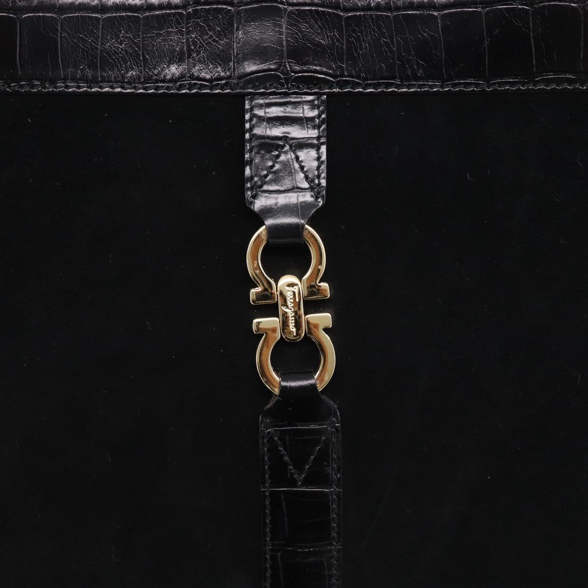 Salvatore Ferragamo Gancini Tote Bag Suede Leather Black Gold Auth 216305A