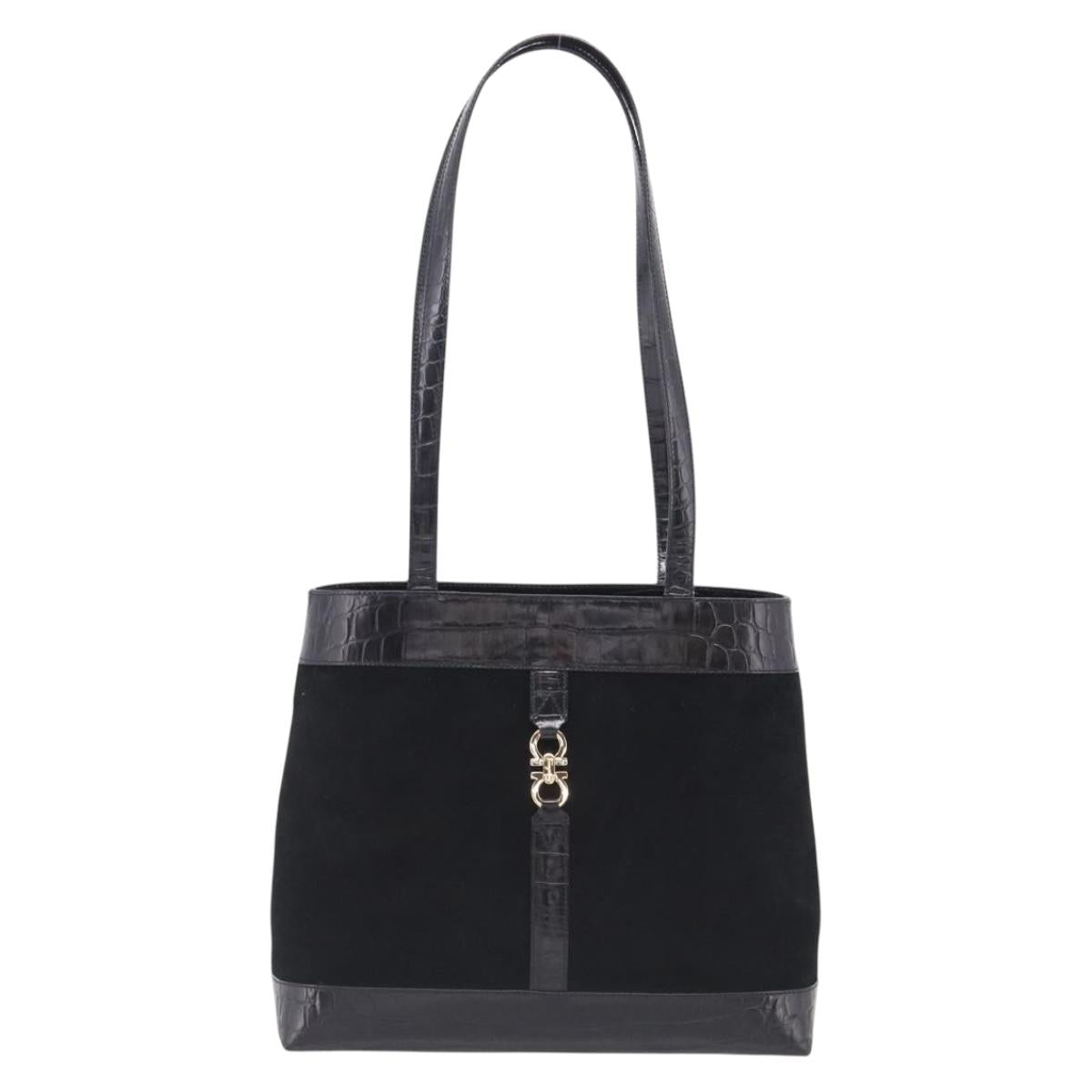 Salvatore Ferragamo Gancini Tote Bag Suede Leather Black Gold Auth 216305A