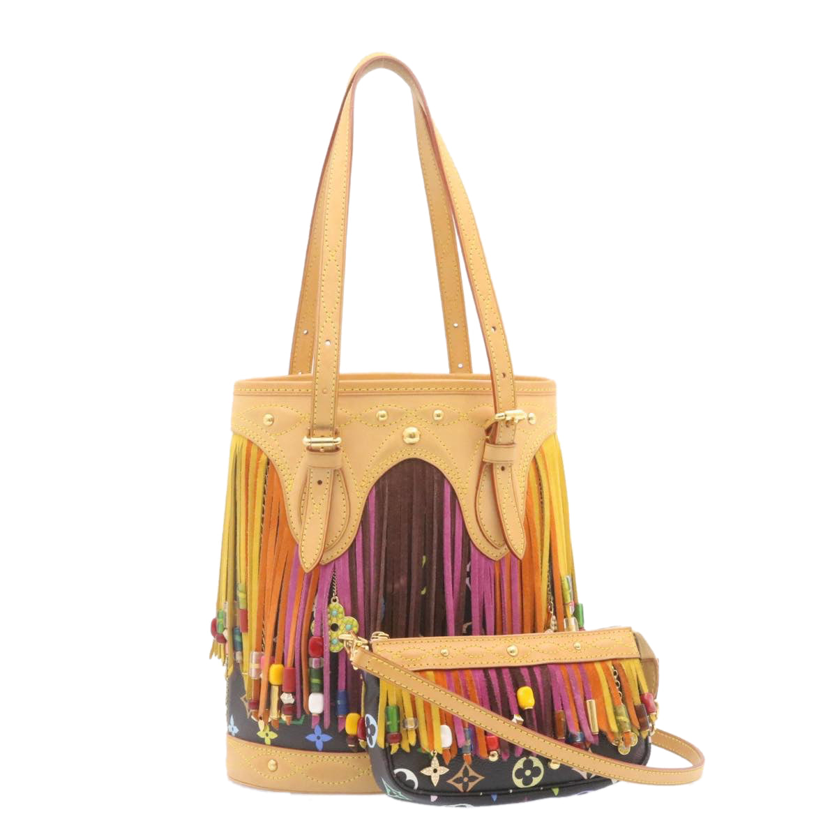 LOUIS VUITTON Monogram Multicolor Bucket Frange ToteBag Black M40110 Auth 25649S