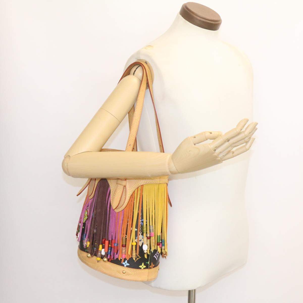 LOUIS VUITTON Monogram Multicolor Bucket Frange ToteBag Black M40110 Auth 25649S