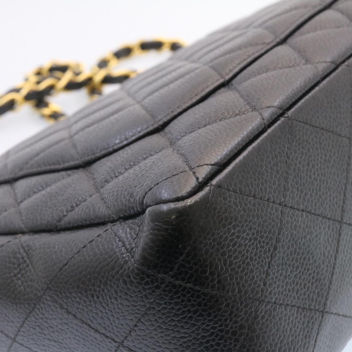 CHANEL Big Matelasse 34 Flap Chain Bag Caviar Skin Black Gold CC Auth 25984SA