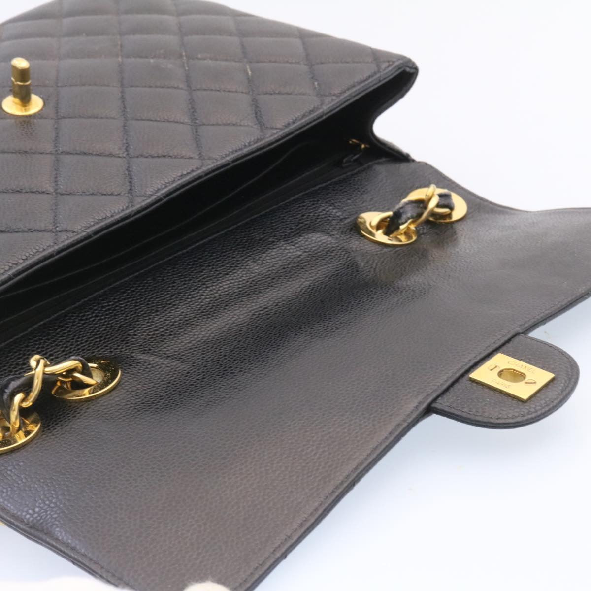 CHANEL Big Matelasse 34 Flap Chain Bag Caviar Skin Black Gold CC Auth 25984SA