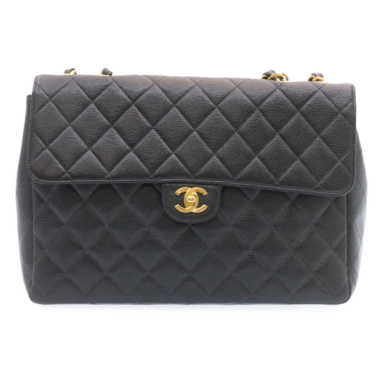 CHANEL Big Matelasse 34 Flap Chain Bag Caviar Skin Black Gold CC Auth 25984SA