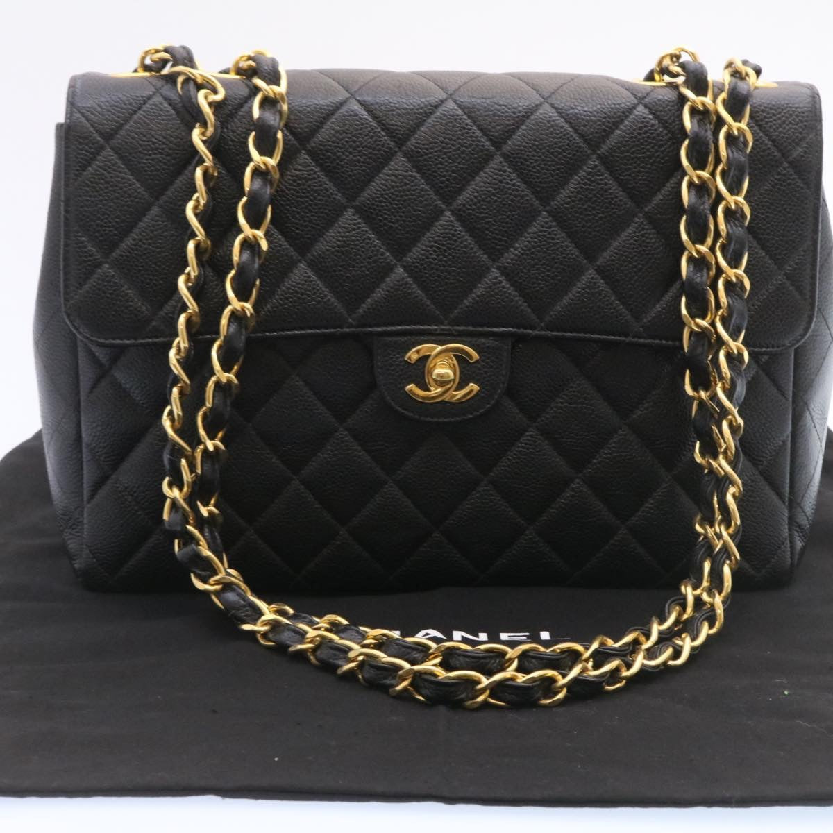 CHANEL Big Matelasse 34 Flap Chain Bag Caviar Skin Black Gold CC Auth 25984SA