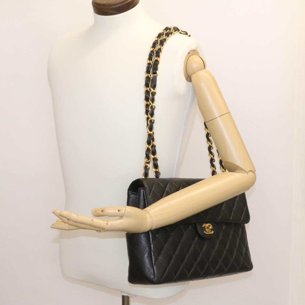 CHANEL Big Matelasse 34 Flap Chain Bag Caviar Skin Black Gold CC Auth 25984SA