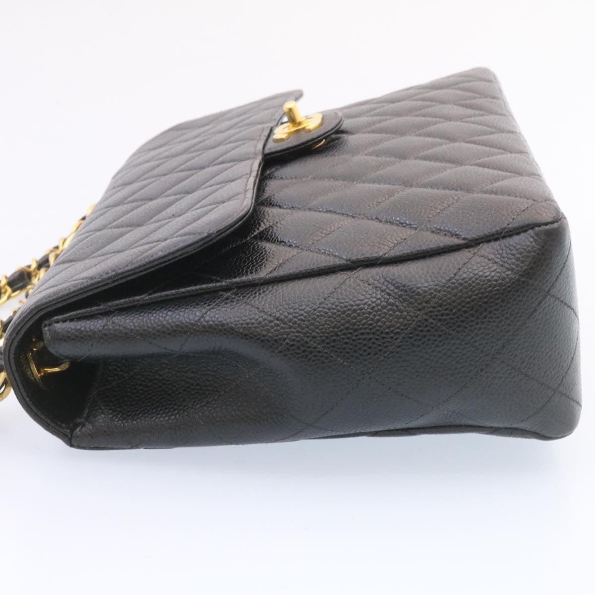 CHANEL Big Matelasse 34 Flap Chain Bag Caviar Skin Black Gold CC Auth 25984SA