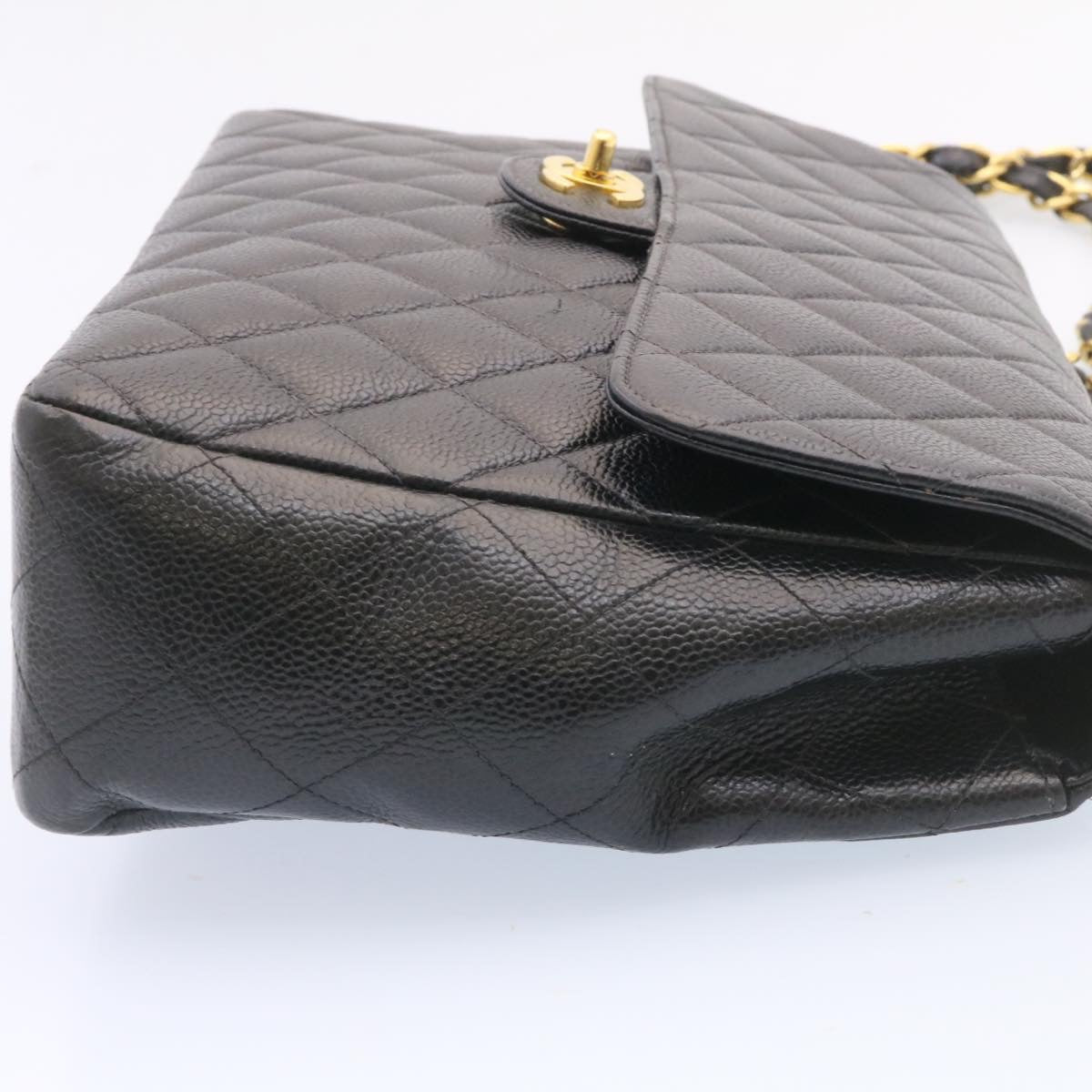 CHANEL Big Matelasse 34 Flap Chain Bag Caviar Skin Black Gold CC Auth 25984SA