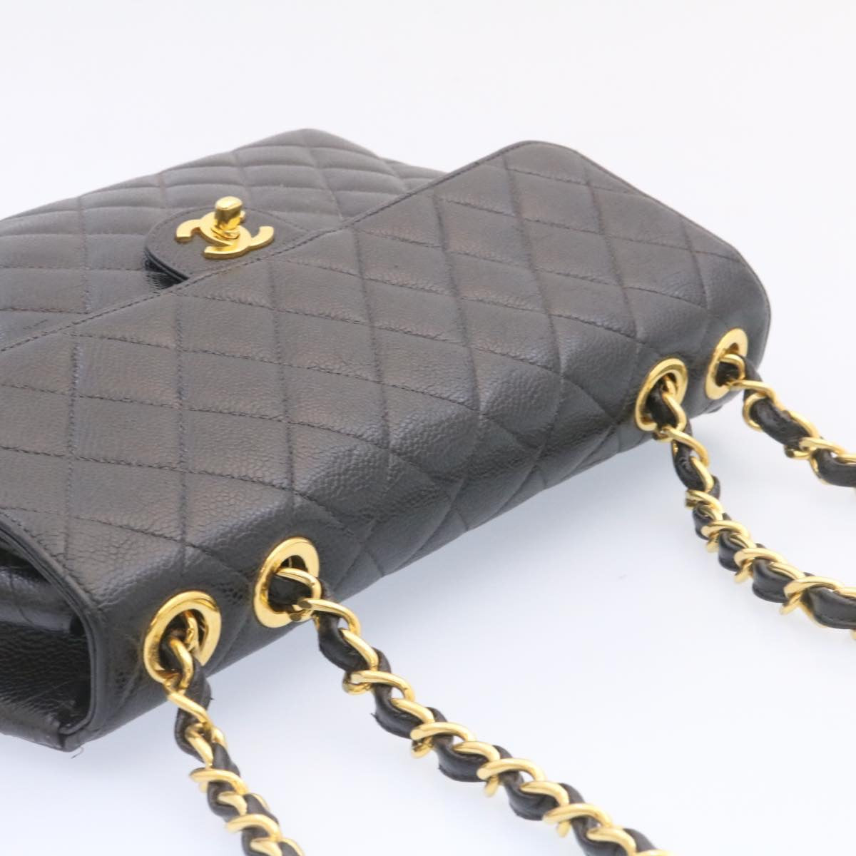 CHANEL Big Matelasse 34 Flap Chain Bag Caviar Skin Black Gold CC Auth 25984SA