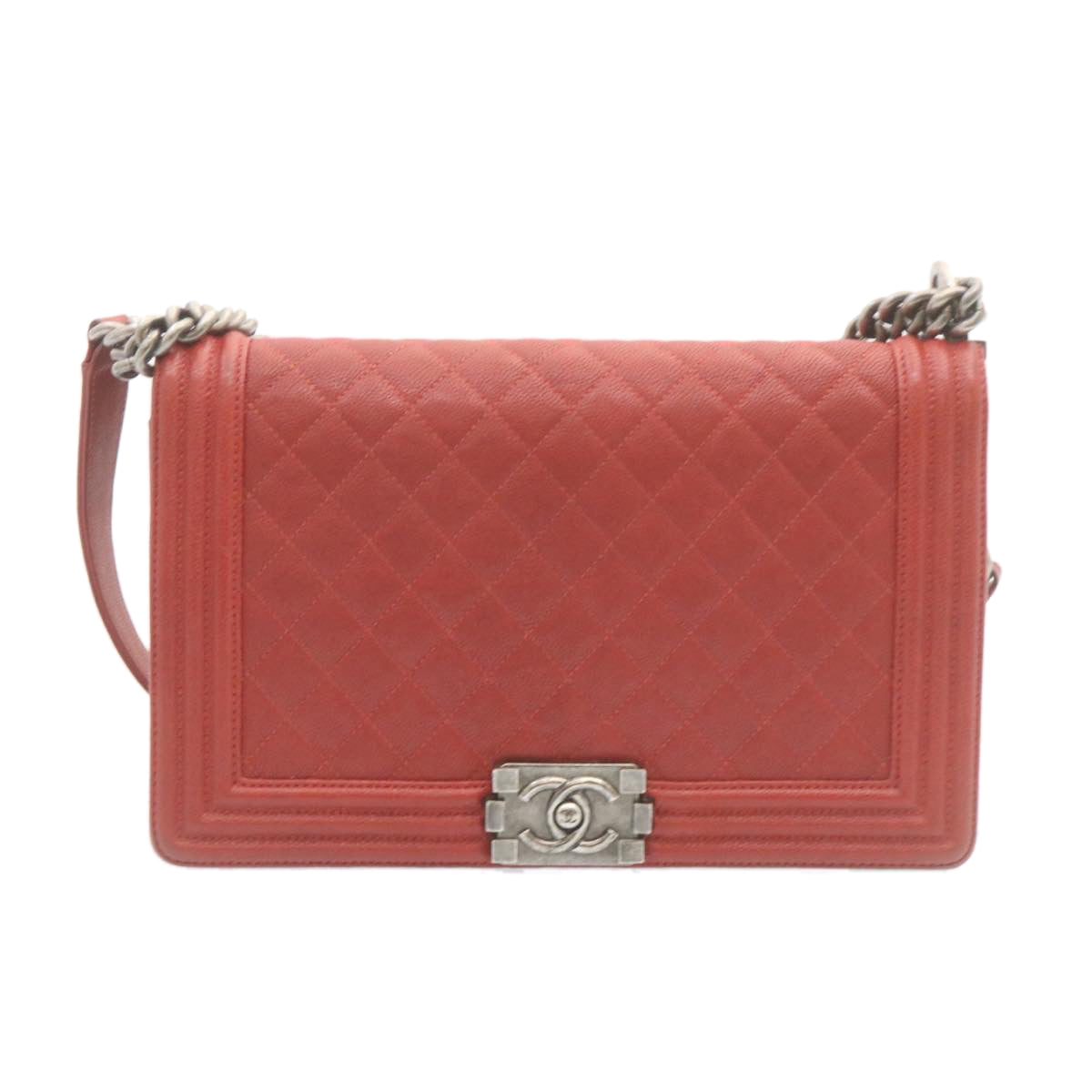 CHANEL Boy Chanel Matelasse Chain Flap Shoulder Bag Leather Red CC Auth 28281SAV