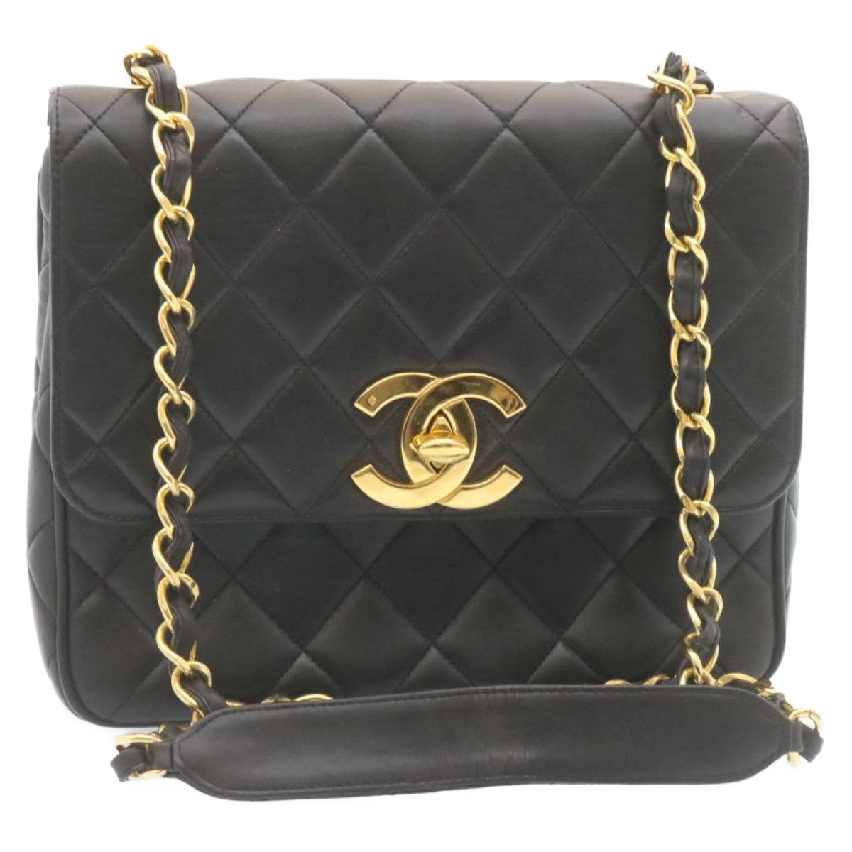 CHANEL Matelasse Chain Flap Shoulder Bag Lamb Skin Black Gold CC Auth 28632SAV