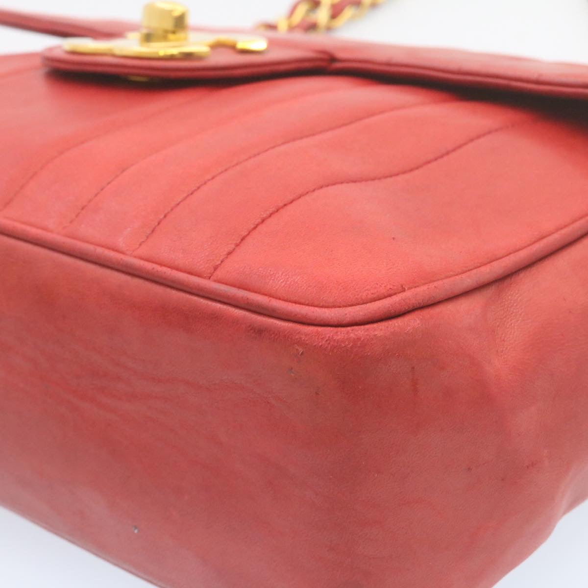 CHANEL Mademoiselle Big Coco Double Chain Shoulder Bag Lamb Skin Red Auth 29129V