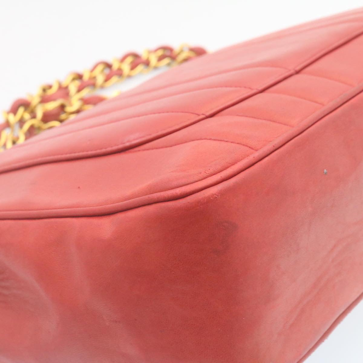 CHANEL Mademoiselle Big Coco Double Chain Shoulder Bag Lamb Skin Red Auth 29129V
