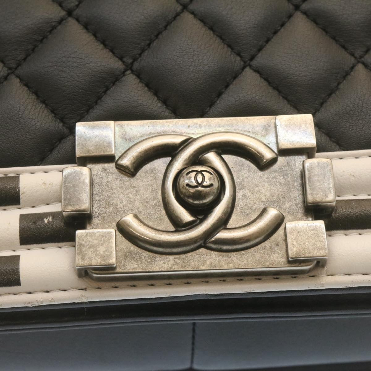 CHANEL Matelasse Boy Chanel Chain Shoulder Bag Lamb Skin Black CC Auth 29190A