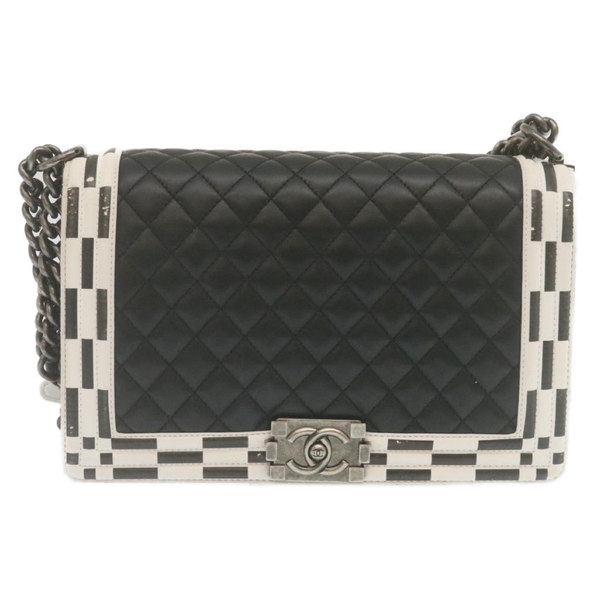 CHANEL Matelasse Boy Chanel Chain Shoulder Bag Lamb Skin Black CC Auth 29190SAM