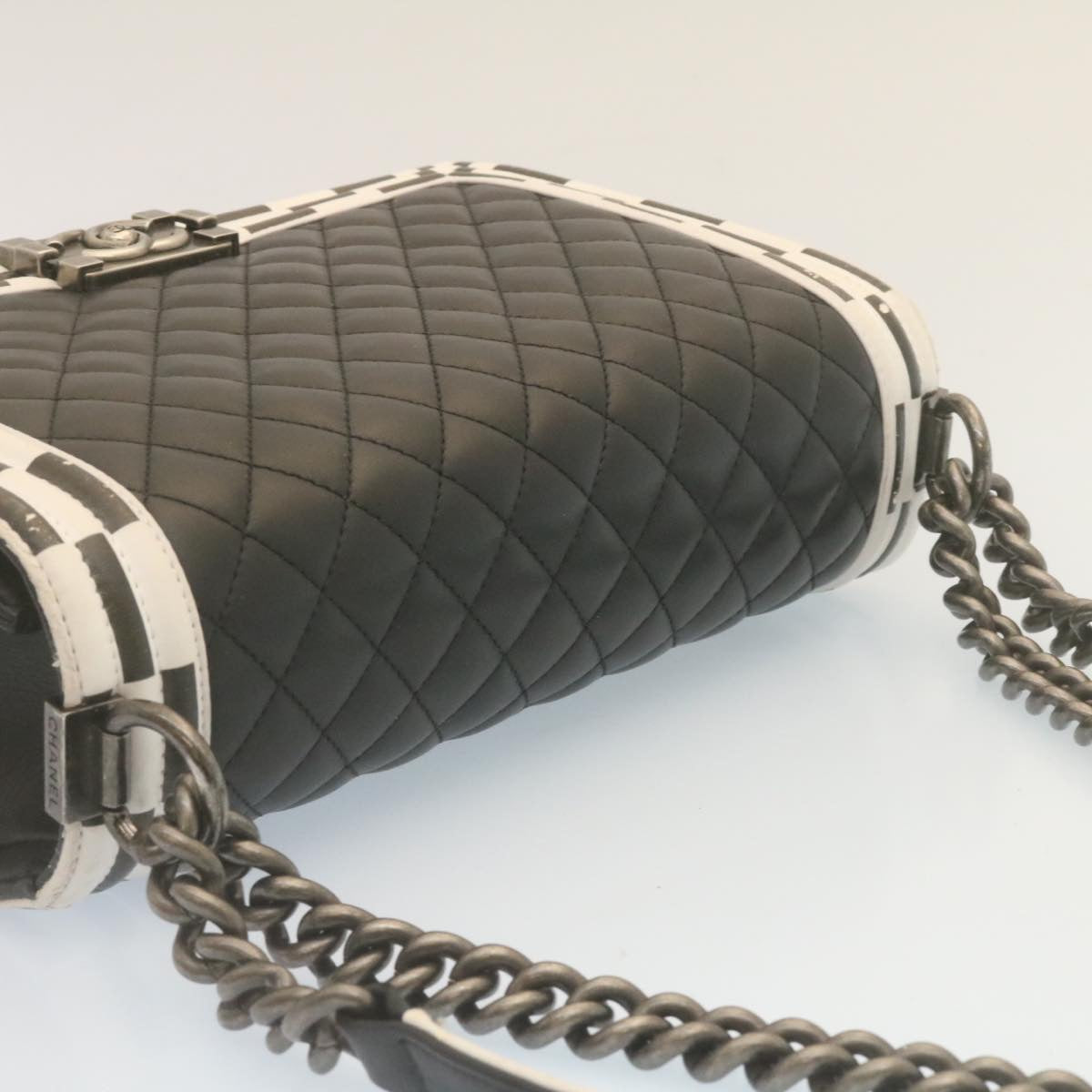 CHANEL Matelasse Boy Chanel Chain Shoulder Bag Lamb Skin Black CC Auth 29190SAM
