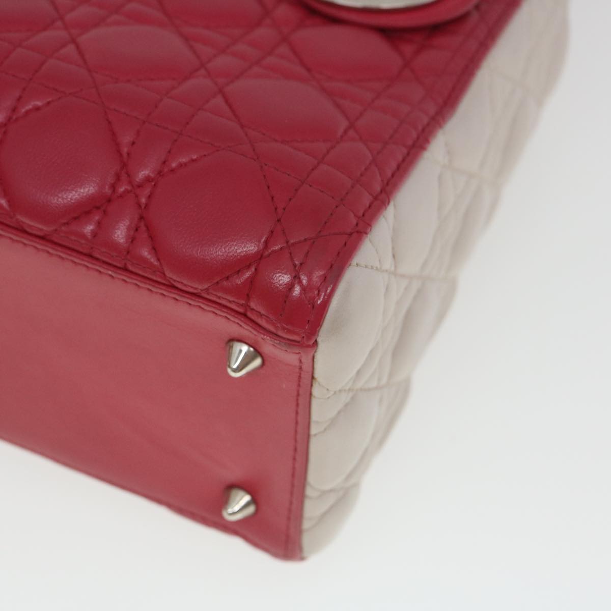 Christian Dior Lady Cannage Medium Hand Bag Lamb Skin Red White Auth 29502SAV
