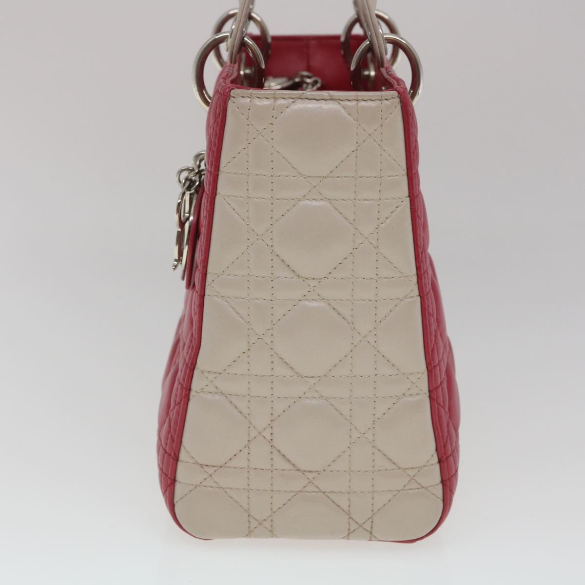 Christian Dior Lady Cannage Medium Hand Bag Lamb Skin Red White Auth 29502SAV