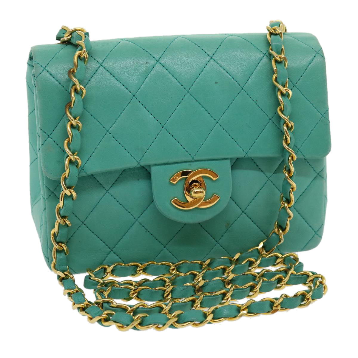 CHANEL Mini Matelasse 17 Flap Chain Bag Lamb Skin Light Blue CC Auth 29527A