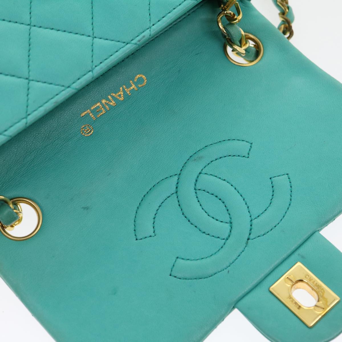 CHANEL Mini Matelasse 17 Flap Chain Bag Lamb Skin Light Blue CC Auth 29527A