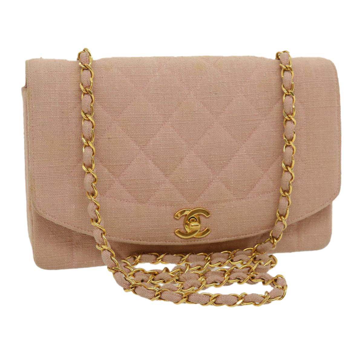 CHANEL Matelasse Turn Lock Chain Diana Shoulder Bag Canvas Pink CC Auth 29889AV