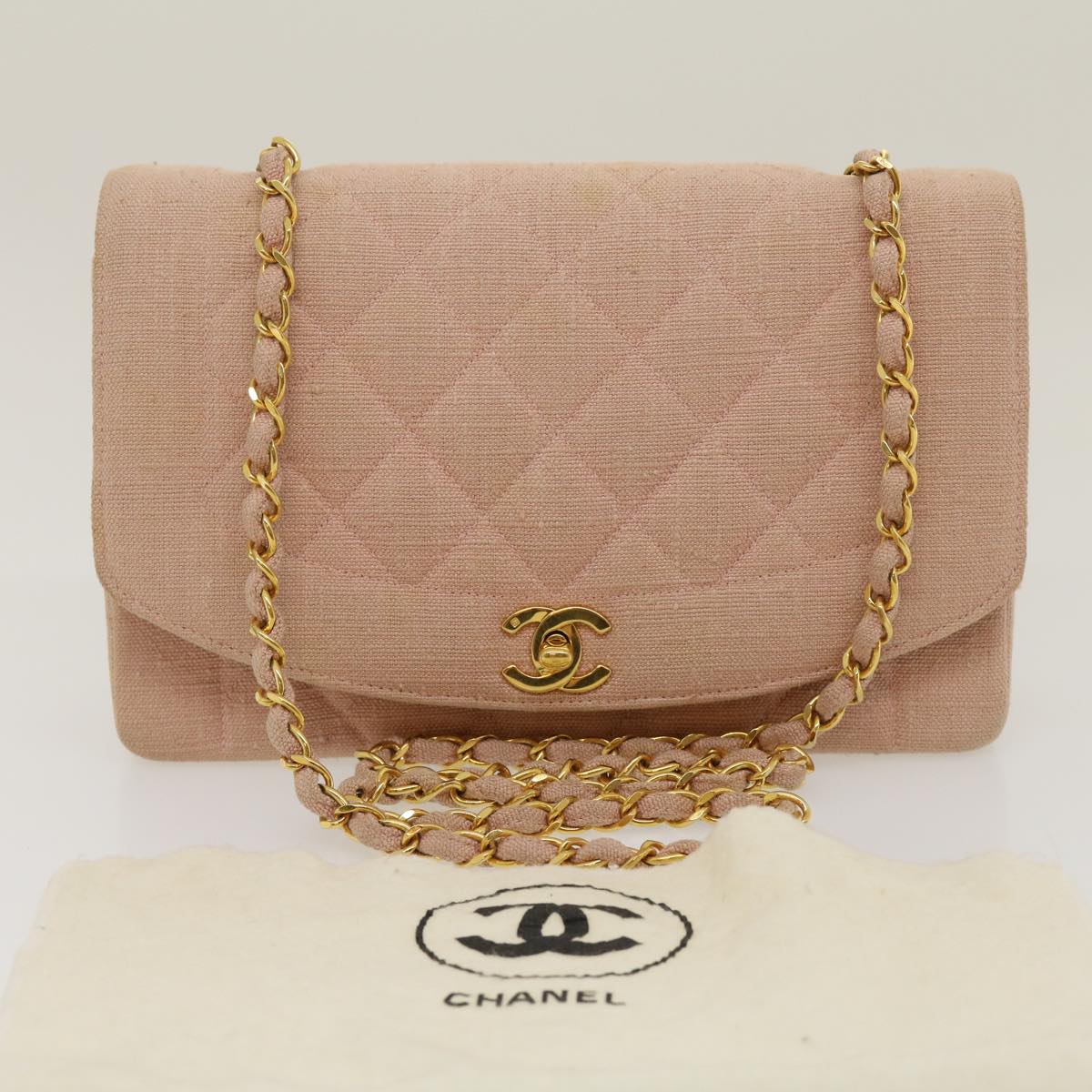 CHANEL Matelasse Turn Lock Chain Diana Shoulder Bag Canvas Pink CC Auth 29889AV