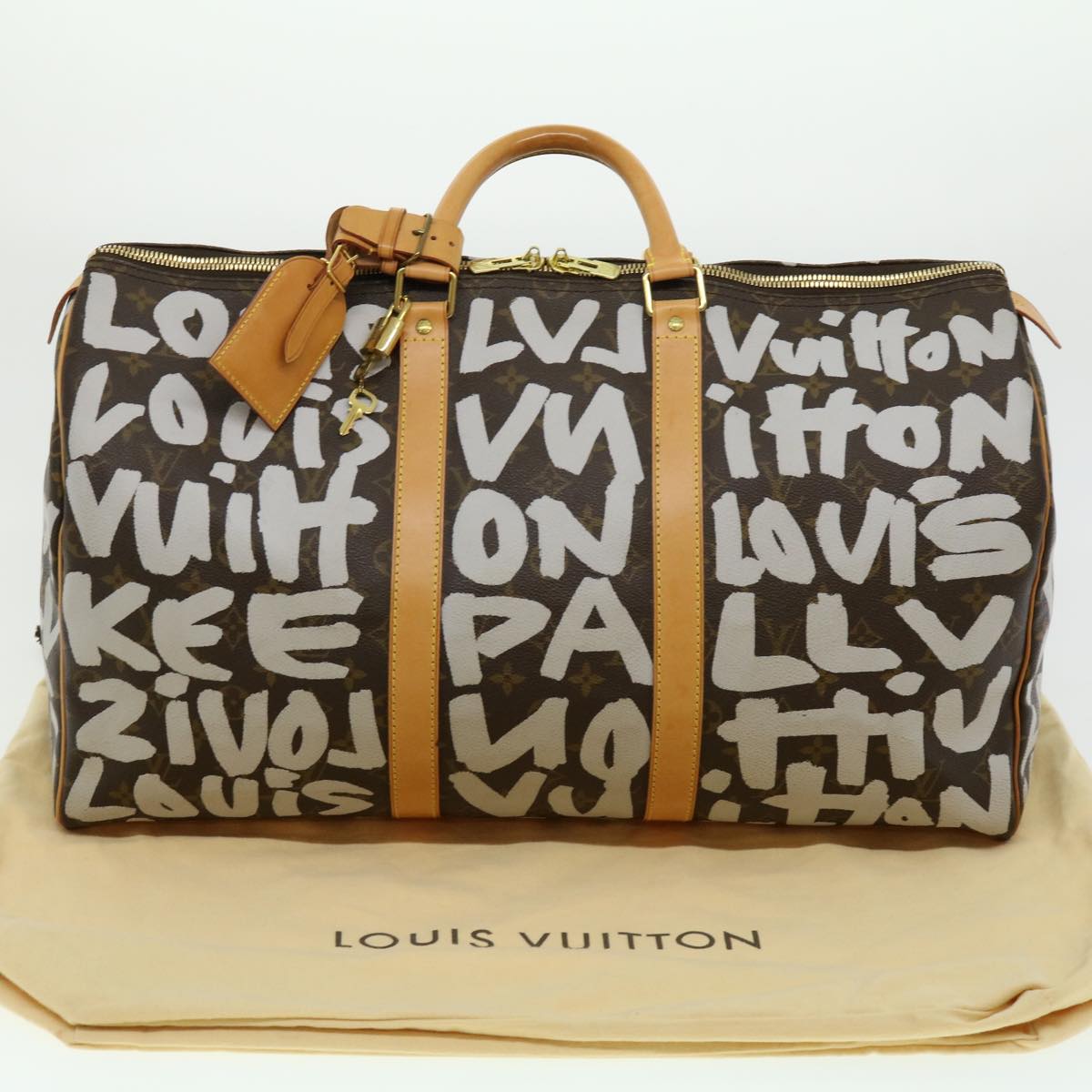 LOUIS VUITTON Monogram Graffiti Keepall 50 Boston Bag White M92197 Auth 30516S