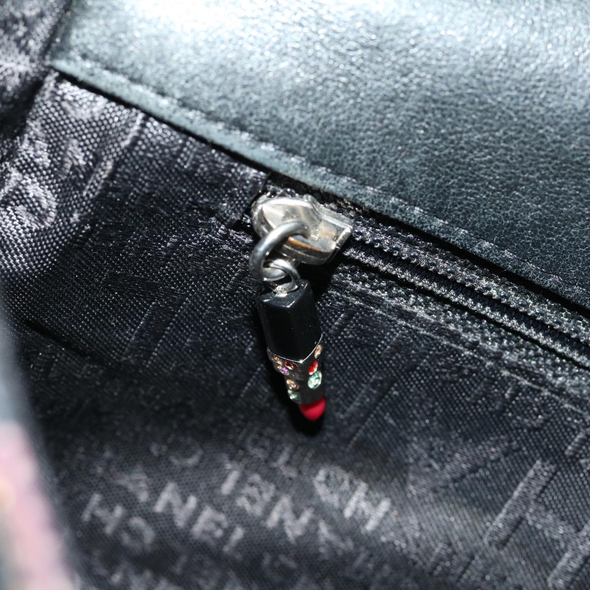 CHANEL Lip Chain Turn Lock Shoulder Bag Satin Black CC Auth 30892