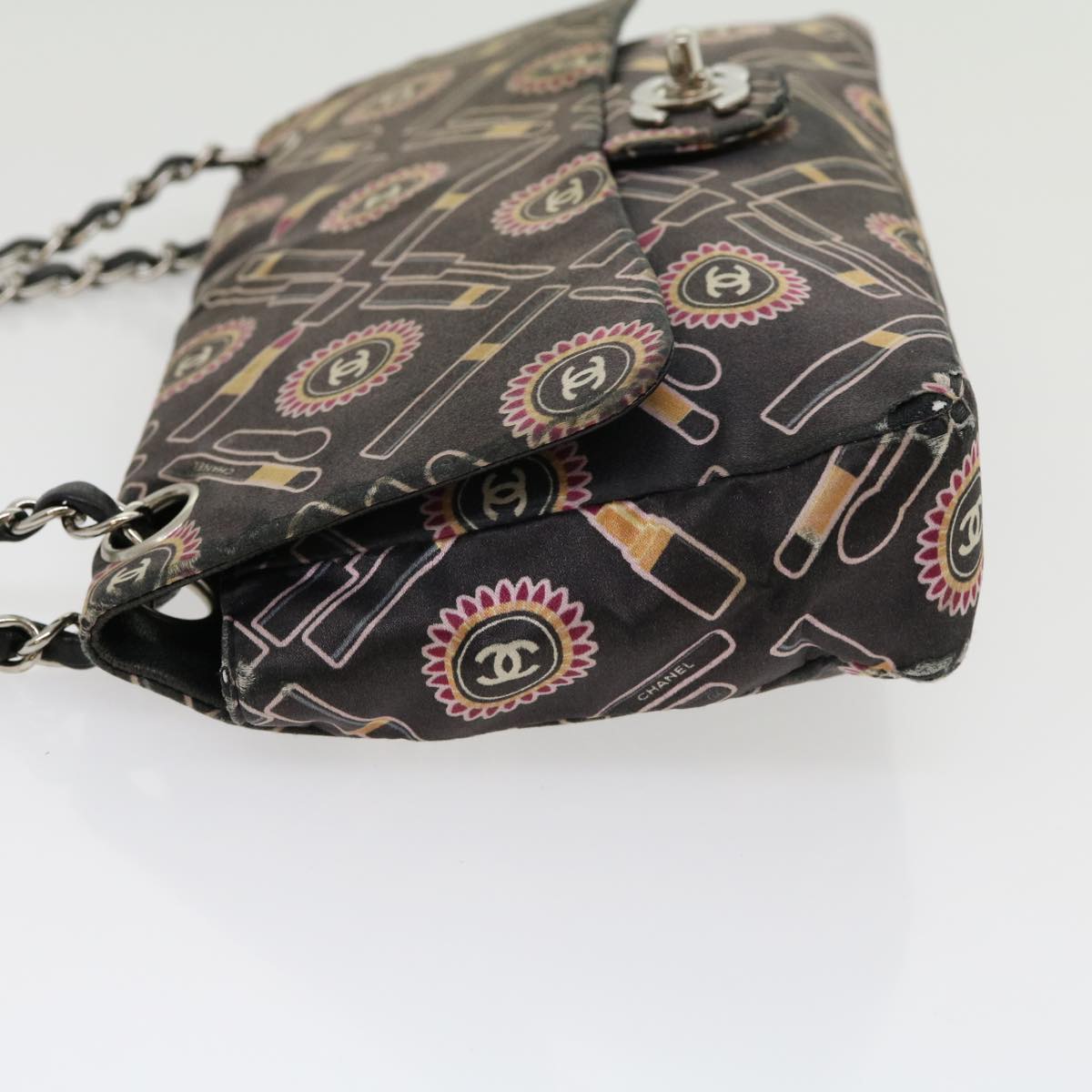 CHANEL Lip Chain Turn Lock Shoulder Bag Satin Black CC Auth 30892