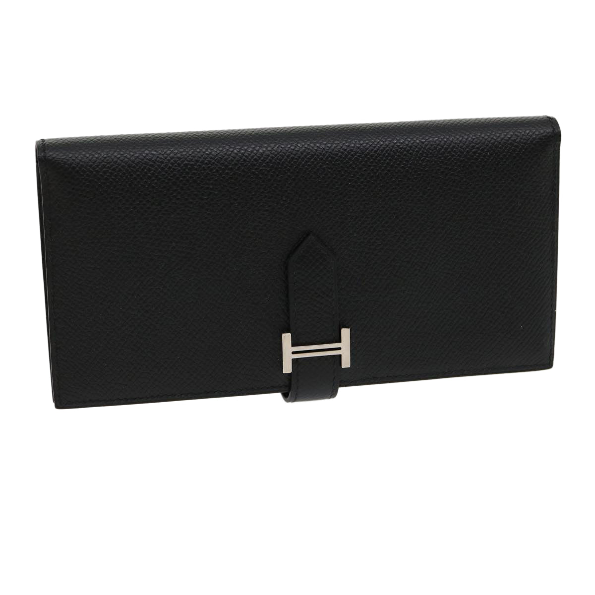 HERMES Bean souffl Long Wallet SilverMetal Black Auth 30947SM