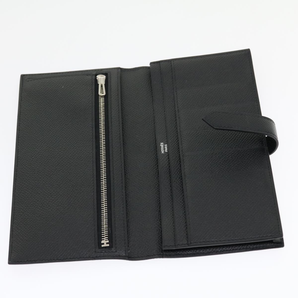 HERMES Bean souffl Long Wallet SilverMetal Black Auth 30947SM