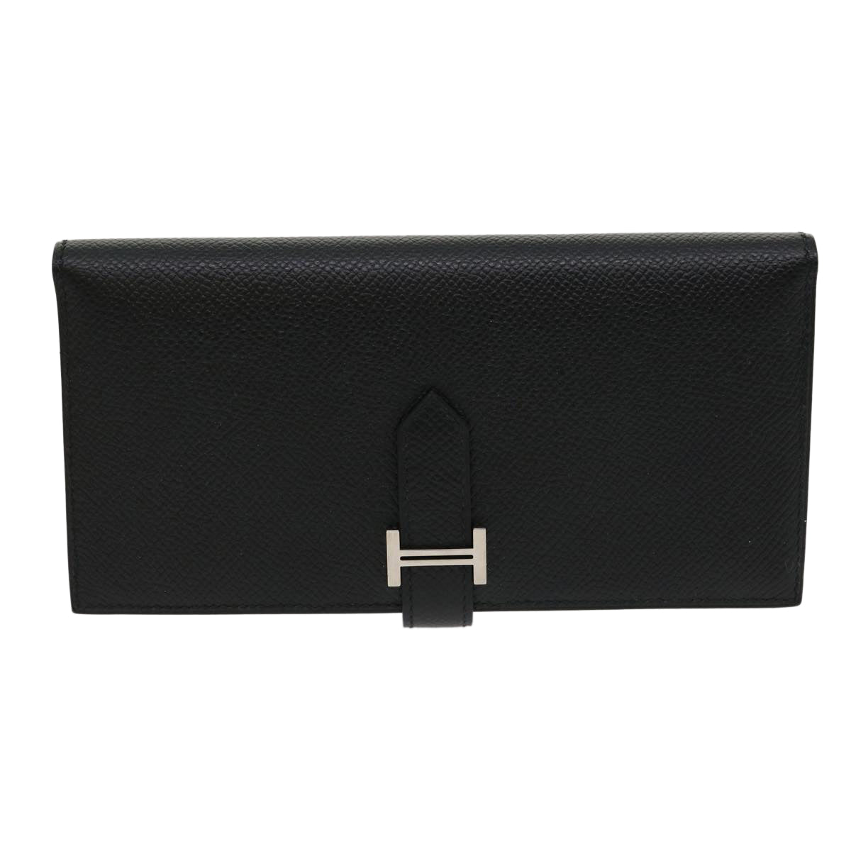 HERMES Bean souffl Long Wallet SilverMetal Black Auth 30947SM