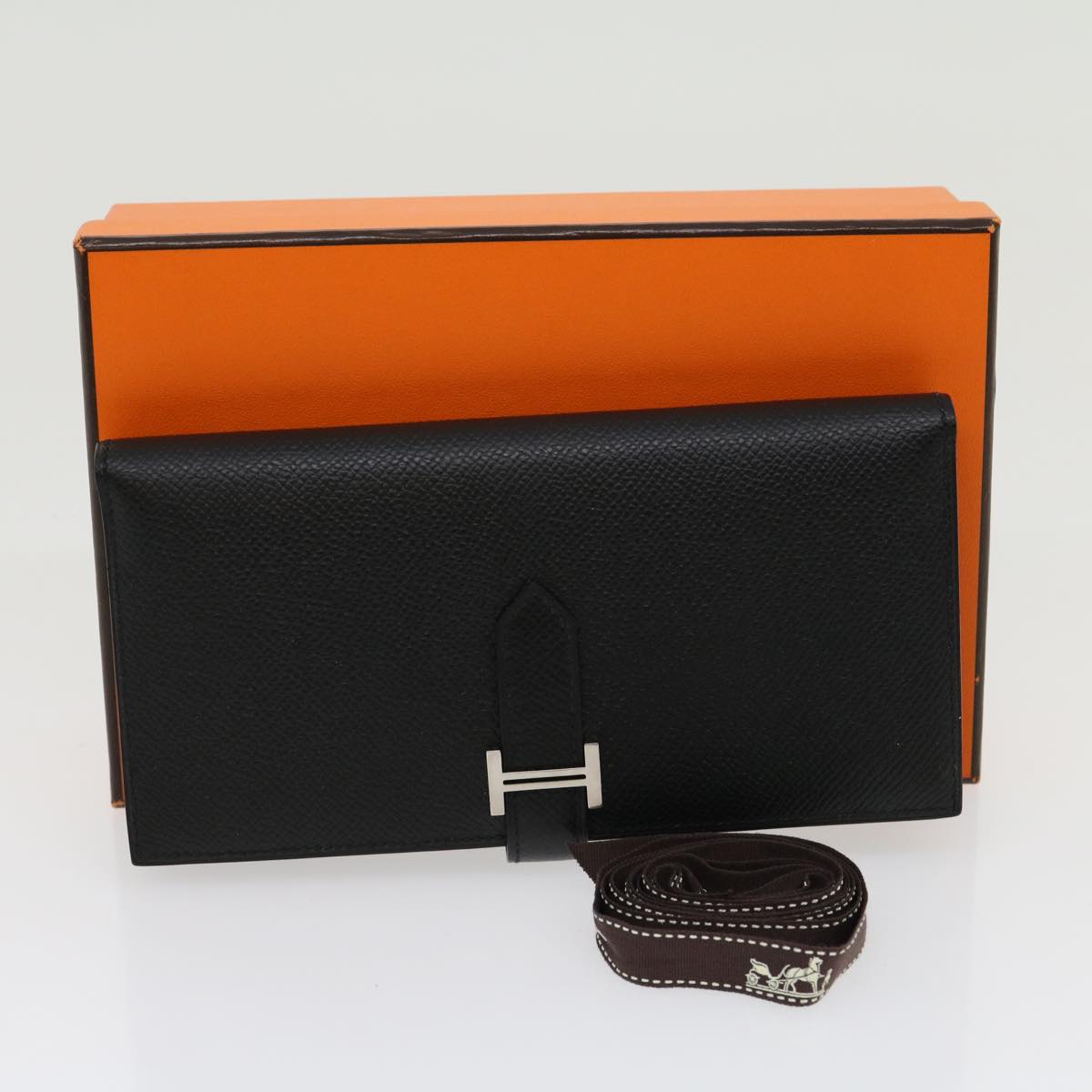 HERMES Bean souffl Long Wallet SilverMetal Black Auth 30947SM
