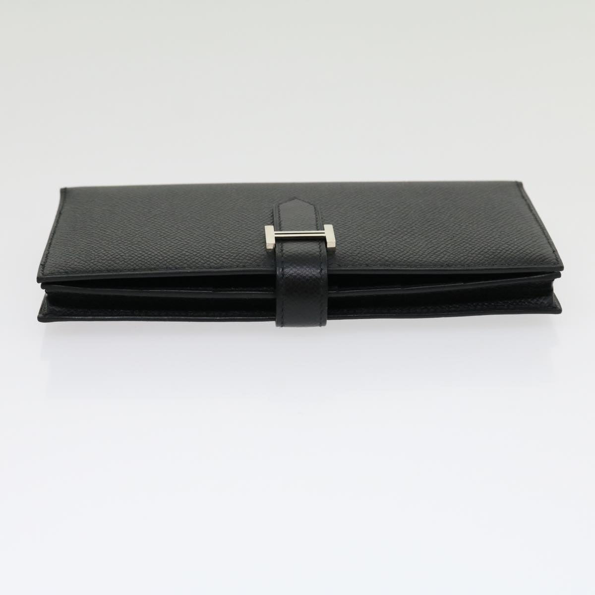 HERMES Bean souffl Long Wallet SilverMetal Black Auth 30947SM
