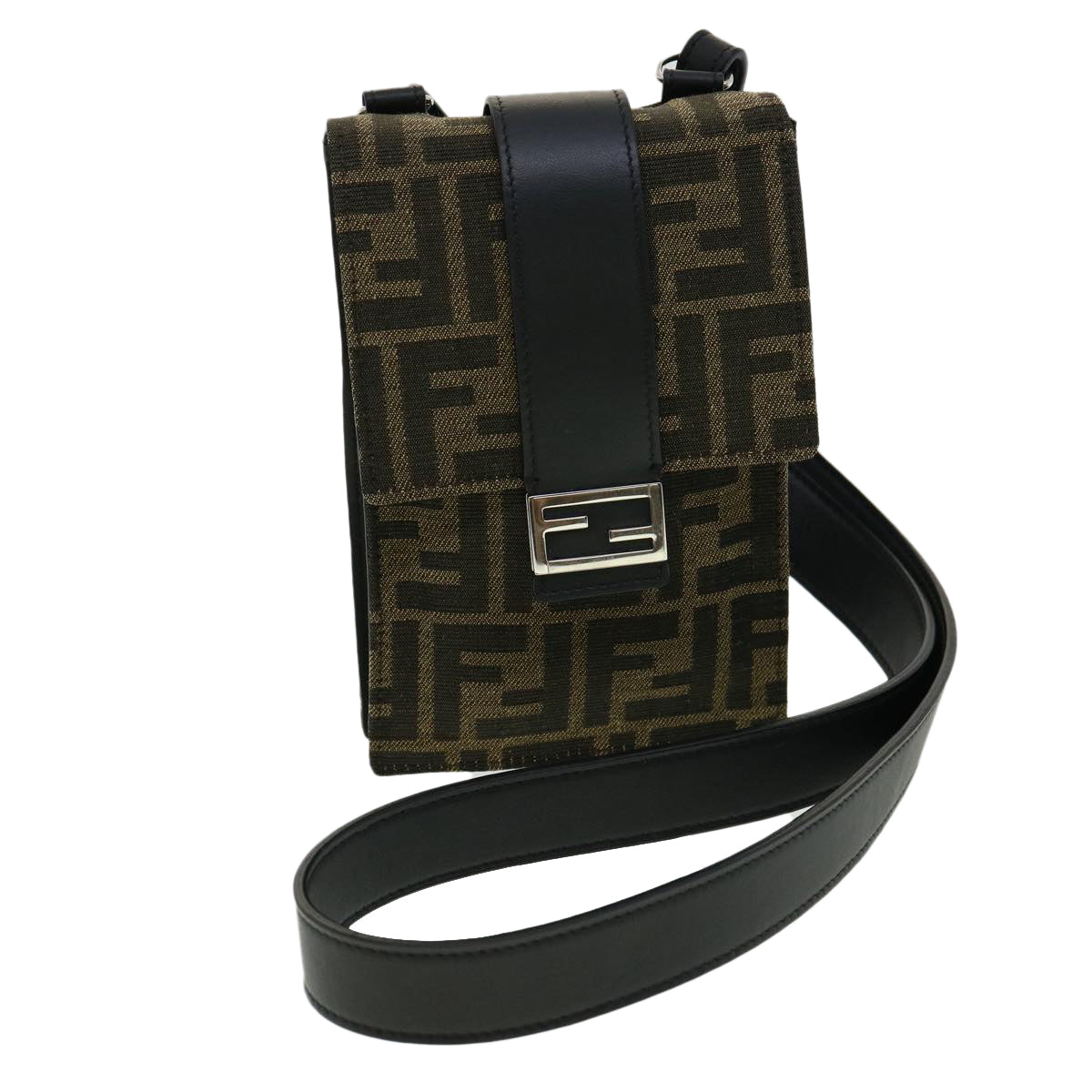 FENDI Zucca Canvas Shoulder Bag Brown Black Auth 31851SAV