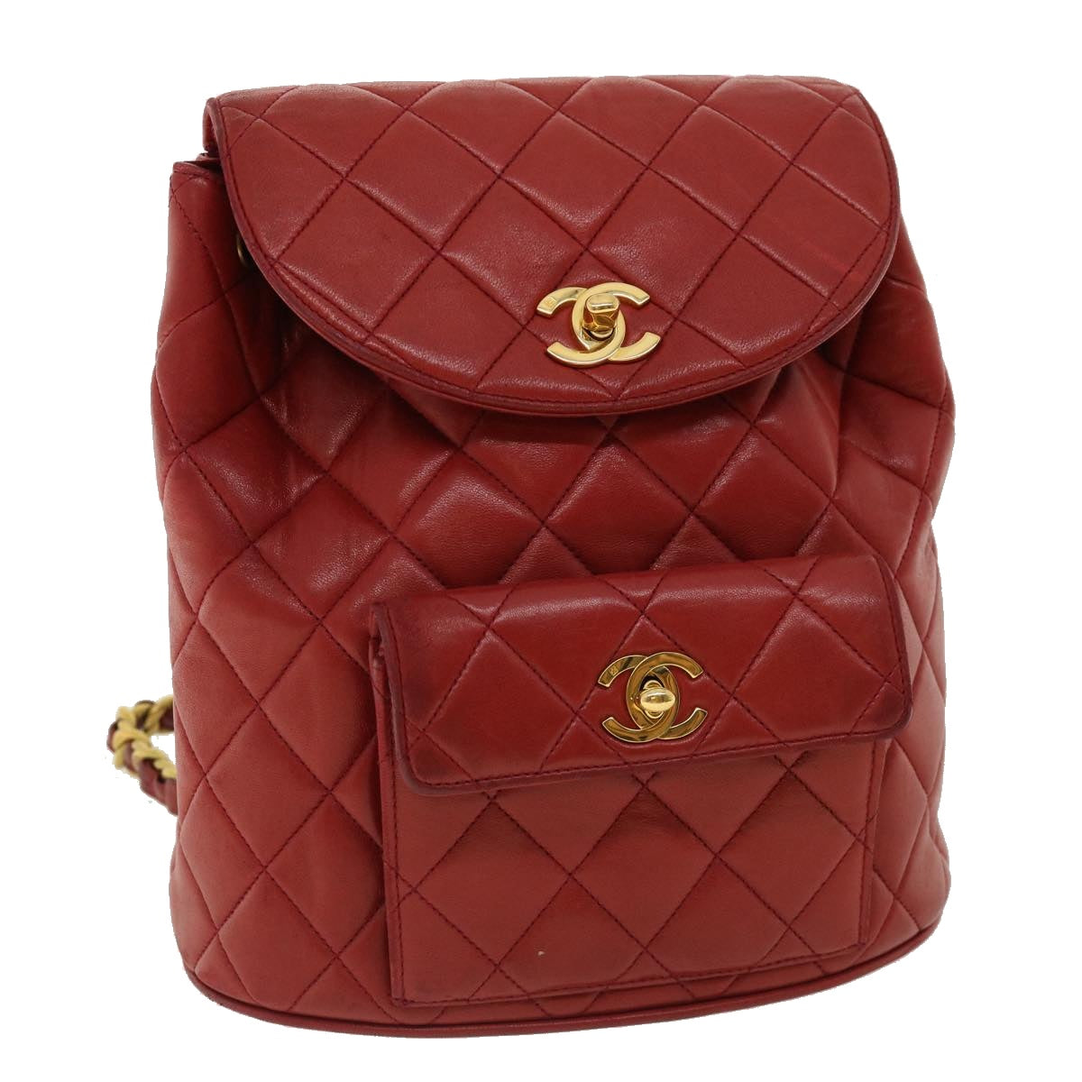 CHANEL Matelasse Chain Hand Bag Lamb Skin Red CC Auth 31892V