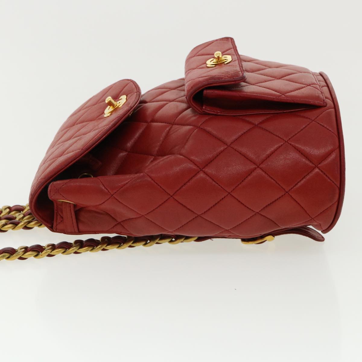CHANEL Matelasse Chain Hand Bag Lamb Skin Red CC Auth 31892V